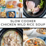Pinterest Pin with text 'Crockpot Chicken Wild Rice Soup', image of a white bowl filled with soup with a spoon and bread.