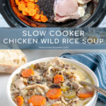 Pinterest Pin with text 'Crockpot Chicken Wild Rice Soup', image of a black crockpot with all the ingredients laid out inside before cooking the soup.