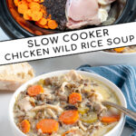 Pinterest Pin with text 'Crockpot Chicken Wild Rice Soup', image of a black crockpot with all the ingredients laid out inside before cooking the soup.