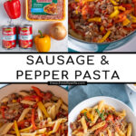 Pinterest Pin with text 'Sausage & Pepper Pasta', image of white bowl filled with penne, bell peppers, and sausage garnished with parmesan cheese.