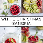 Pinterest Pin with text 'White Christmas Sangria', image of stemless wine glasses filled with White Christmas sangria, pears, limes, and cranberries.