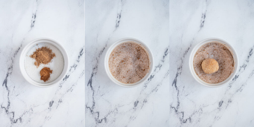 The step showing mixing the granulated sugar with cinnamon and nutmeg and a snickerdoodle dough ball in the sugar mixture.