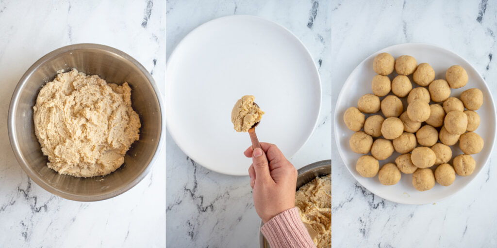 Steps showing the rested cookie dough, scooping the dough, and a plate full of cookie dough balls.