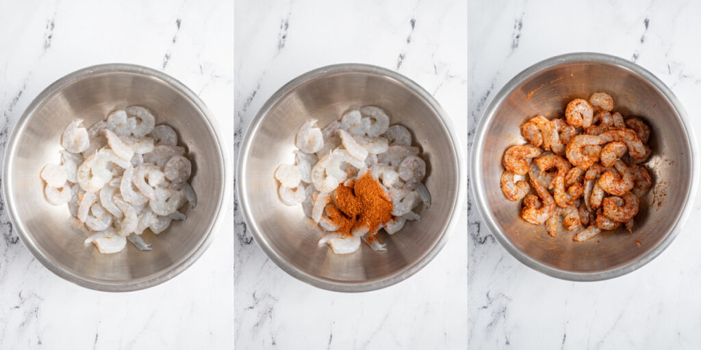 Collage showing the raw shrimp in a bowl and then getting tossed with taco seasoning.