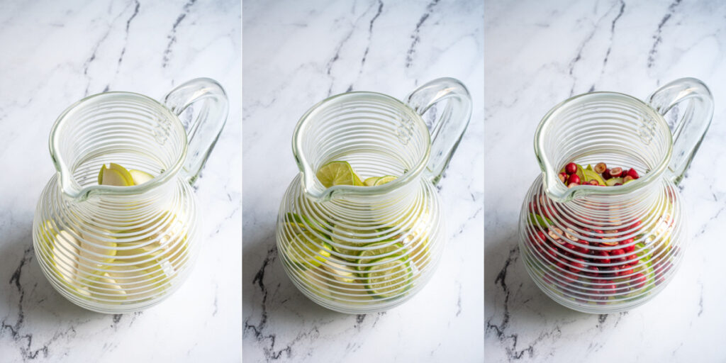 Collage showing the steps of adding sliced pears, limes, and cranberries to a pitcher.