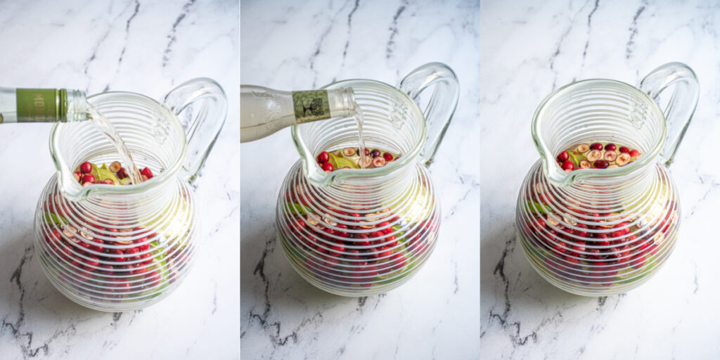 Collage showing steps of adding white wine and ginger beer to a pitcher filled of green and red fruit.