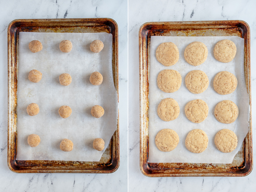 Before and after cooking of eggnog snickerdoodles on a baking sheet.