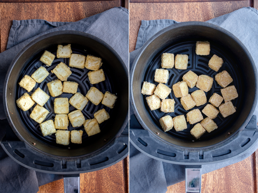Collage of basket of air fryer with partially cooked tofu and dine crispy tofu.