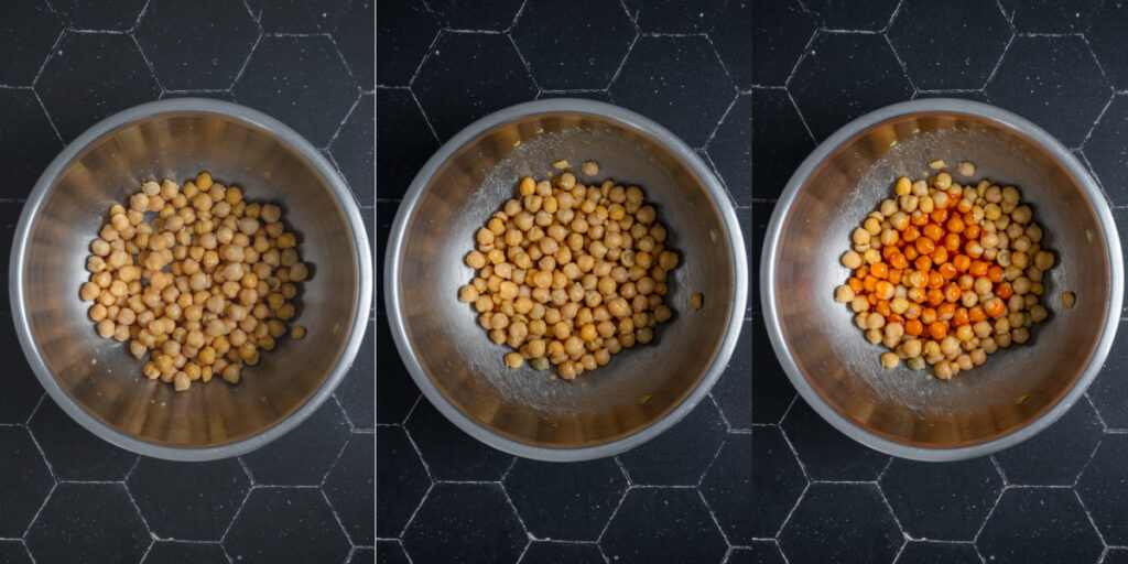 Collage of chickpeas in a bowl getting prepped to go in the oven with oil and buffalo sauce.