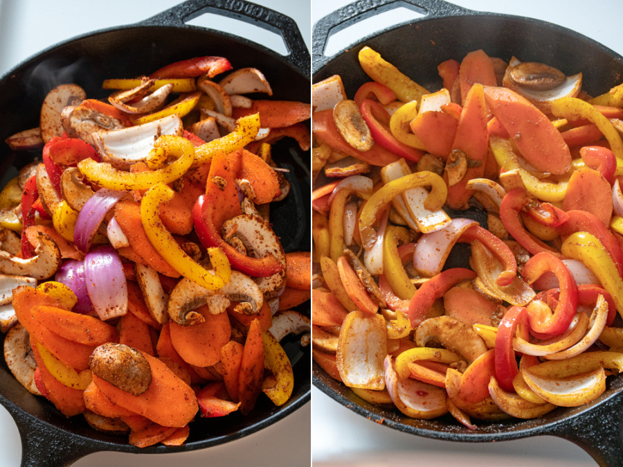Collage of fajita vegetables being cooked in a cast iron skillet.
