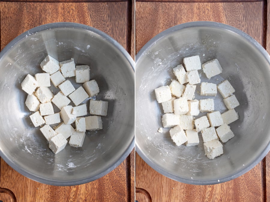 Collage of cubed tofu in a bowl with cornstarch and then with oil.