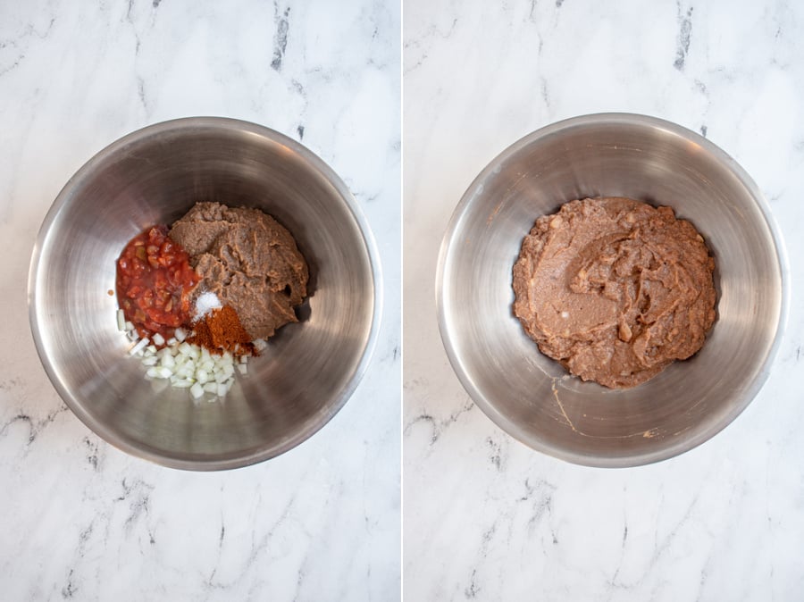 Collage showing the making of the refried bean filling.