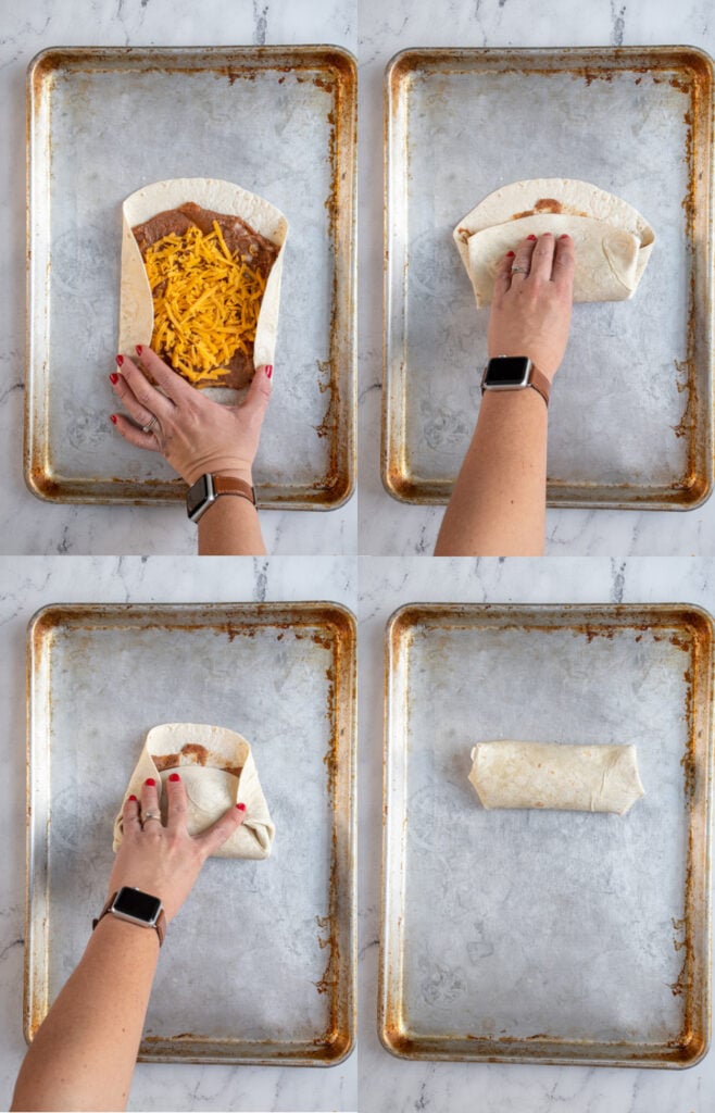 Collage showing how to wrap the refried bean burrito up.