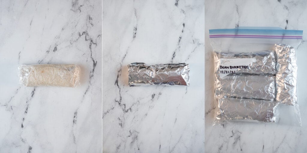 Collage showing the instruction of how to wrap u the burritos is cling way and aluminum foil to make it freezer friendly.