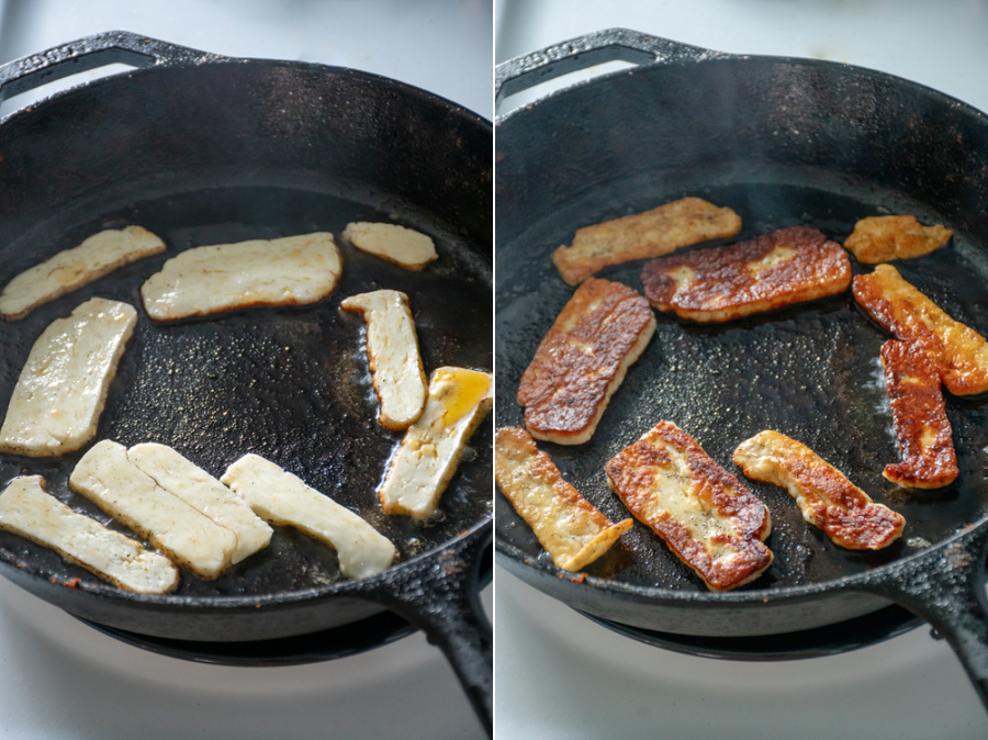 Collage of halloumi pan frying in a black cast iron skillet.
