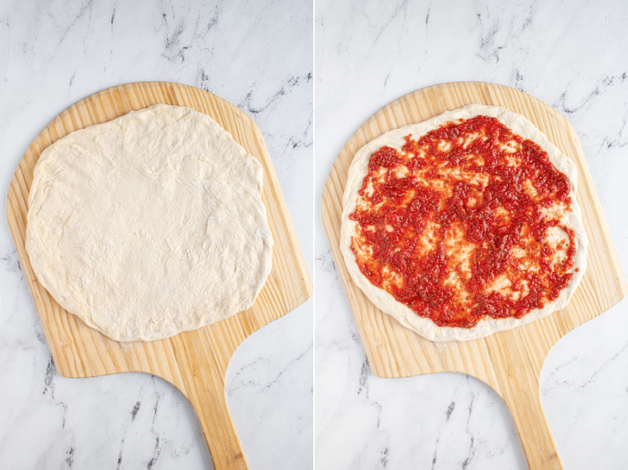 Steps for homemade pizza of stretching the pizza dough and adding sauce.