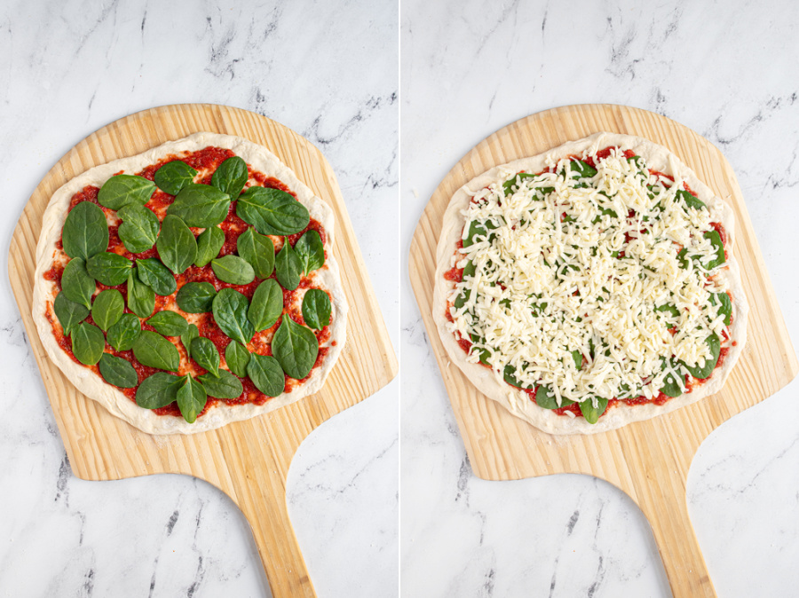 Steps for homemade pizza of adding baby spinach and grated mozzarella.