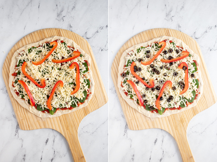 Steps for homemade pizza of adding red bell pepper and black olives.