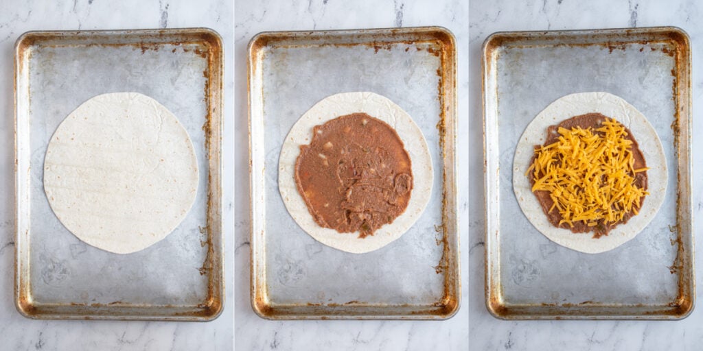 Collage showing how to layer the burrito, beans, and cheese to make delicious bean burritos.