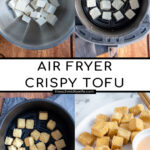 Pinterest pin with text 'Air Fryer Crispy Tofu', image of a golden brown pile of tofu on a white plate.