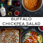 Pinterest Pin with text 'Buffalo Chickpea Salad', image of a brightly colored buffalo chickpea salad in a black bowl.