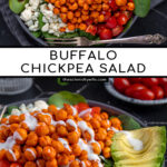 Pinterest Pin with text 'Buffalo Chickpea Salad', image of a brightly colored buffalo chickpea salad in a black bowl.