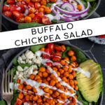 Pinterest Pin with text 'Buffalo Chickpea Salad', image of a brightly colored buffalo chickpea salad in a black bowl.