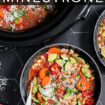 Pinterest Pin with text 'Crockpot Minestrone', image of a bowl of minestrone soup filled with vegetables, beans, and pasta.