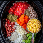 Pinterest Pin with text 'Crockpot Minestrone', image of a bowl of minestrone soup filled with vegetables, beans, and pasta.