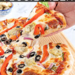 Pinterest pin with text 'Homemade Veggie Pizza', imagine of veggie pizza on a wood pizza peel.