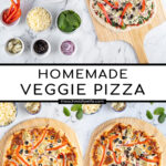 Pinterest pin with text 'Homemade Veggie Pizza', imagine of veggie pizza on a wood pizza peel.