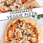 Pinterest pin with text 'Homemade Veggie Pizza', imagine of veggie pizza on a wood pizza peel.