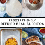 Pinterest Pin with text 'Freezer Friendly Refried Bean Burrito', with image of two halves of a burrito cut open to reveal the inside on a cutting board.
