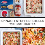 Pinterest pin with text 'Spinach Stuffed Shells without Ricotta', image of sauce and cheesy stuffed shells in a white casserole dish.