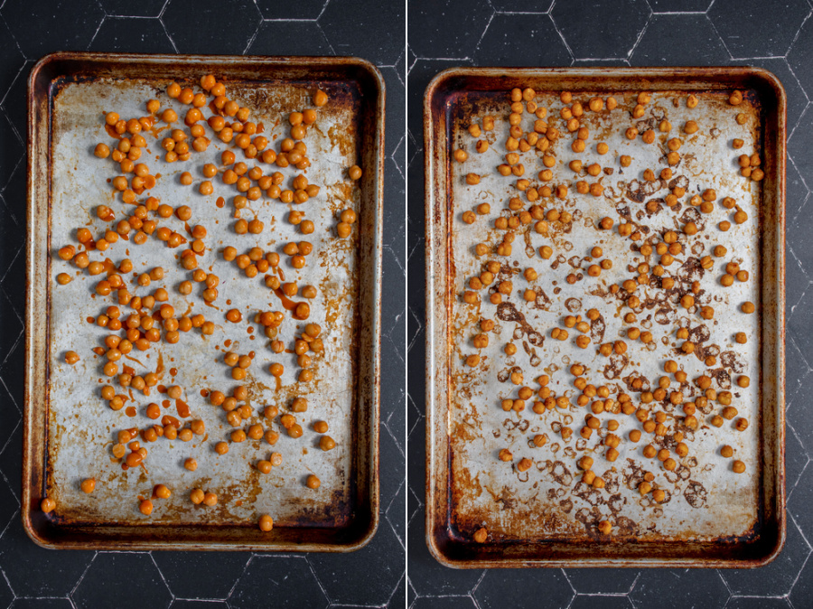 Collage showing the buffalo chickpeas on a coating pan before and after the oven.