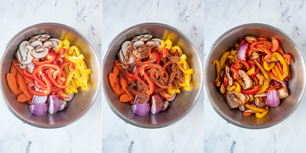 A collage of cut veggies being seasoned in a bowl with fajita seasoning.