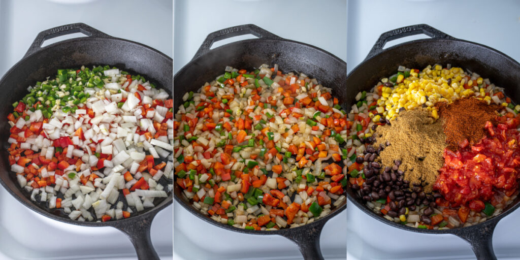 Collage showing the steps of adding the veggies and cooking them in the cast iron pan to make southwest quinoa.