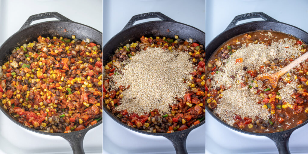 Collage showing the steps of adding the quinoa and water to the skillet when making southwest quinoa.