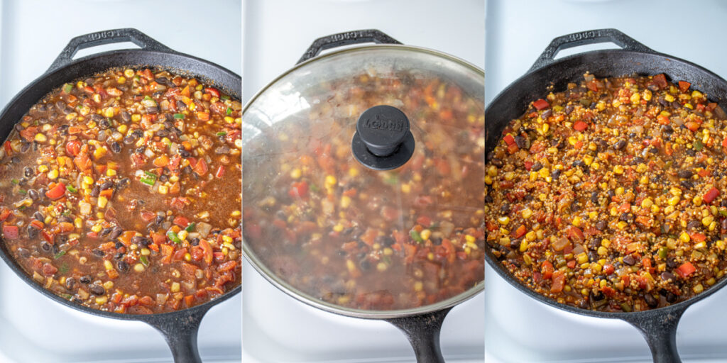 Collage showing the steps of covering and cooking the skillet when making southwest quinoa.