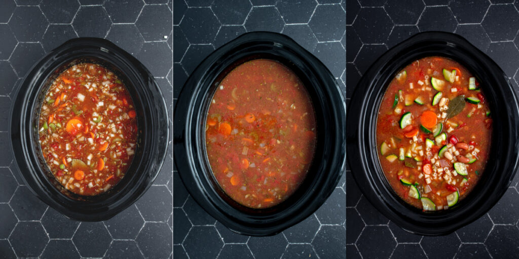 Collage showing the steps of adding ingredients and cooking the minestrone soup in the slow cooker.