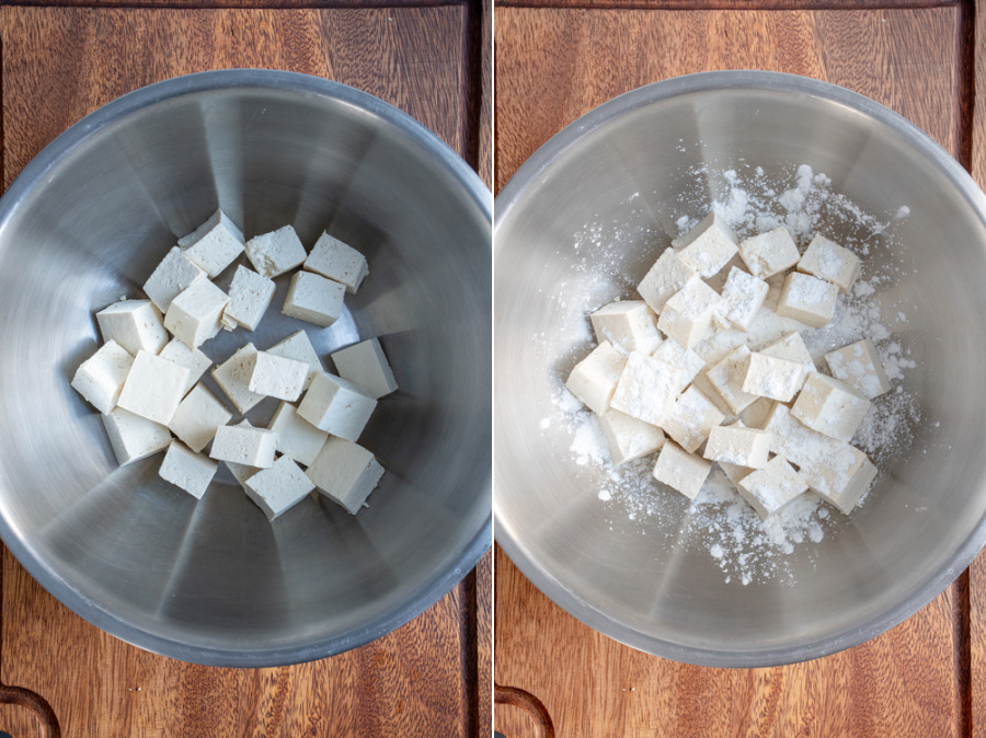 Collage showing tofu cubes in a bowl and then being sprinkled with cornstarch.