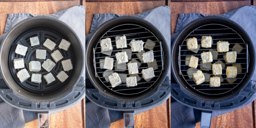 Collage with uncooked tofu in the air fryer along and then as it is partially cooked.