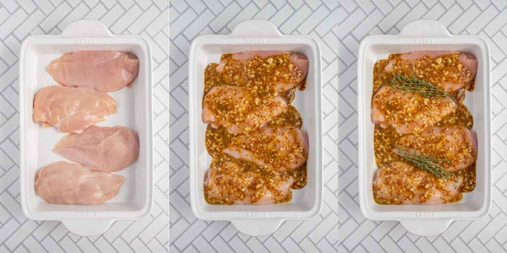 Collage of adding the chicken breasts and homemade honey mustard sauce to the white 9x13 casserole dish.
