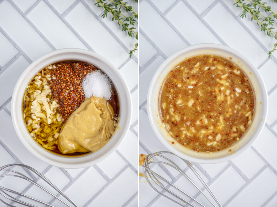 Collage showing the steps of mixing all of the ingredients together to make a honey mustard sauce for the chicken.