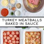 Pinterest Pin with text overlay 'Baked Turkey Meatballs Baked in Sauce', image of baked turkey meatballs covered in cheese in a casserole dish.