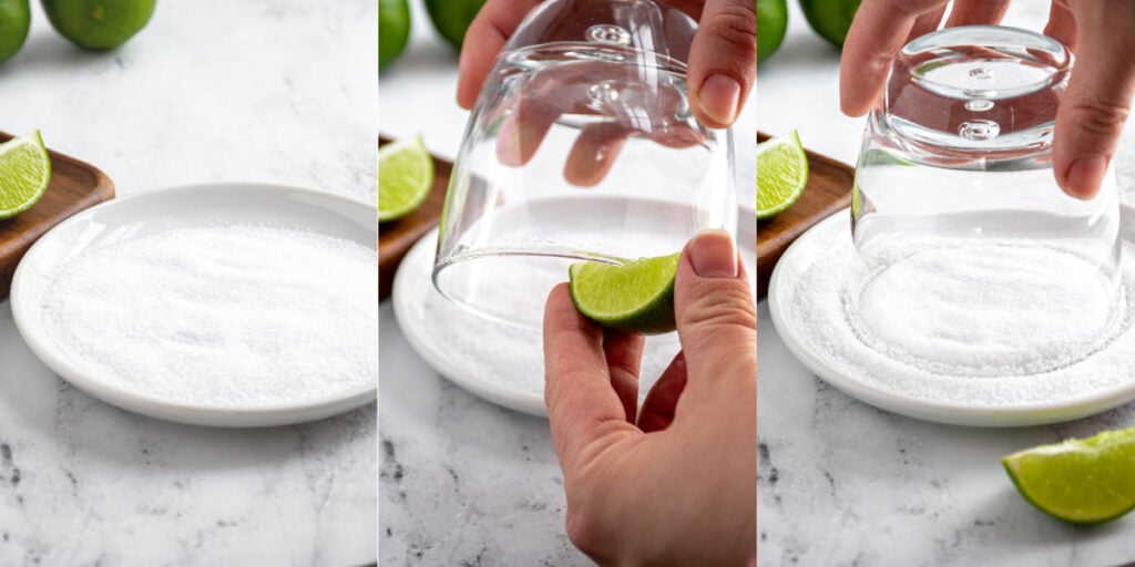 The steps for salting the rim of a margarita glass.