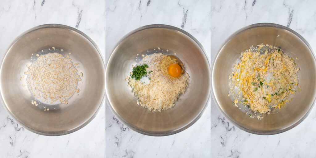 Steps showing the first steps of mixing together baked turkey meatballs with oats.