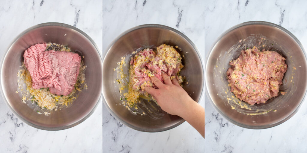 Steps showing adding ground turkey to the other ingredients to make a mixture for baked turkey meatballs.