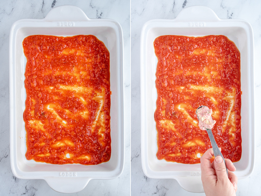 Steps showing adding marinara sauce to a casserole dish along with a tablespoon of the ground turkey mixture.