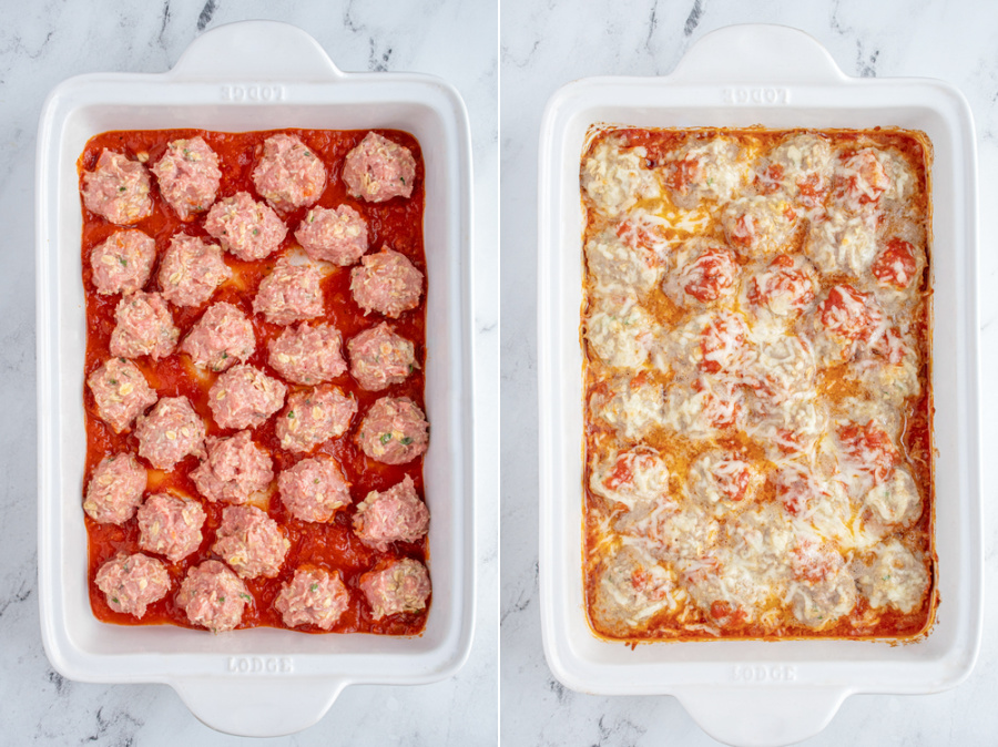 Steps showing all the meatballs rolled and added to the baking dish and then baked and covered with cheese.